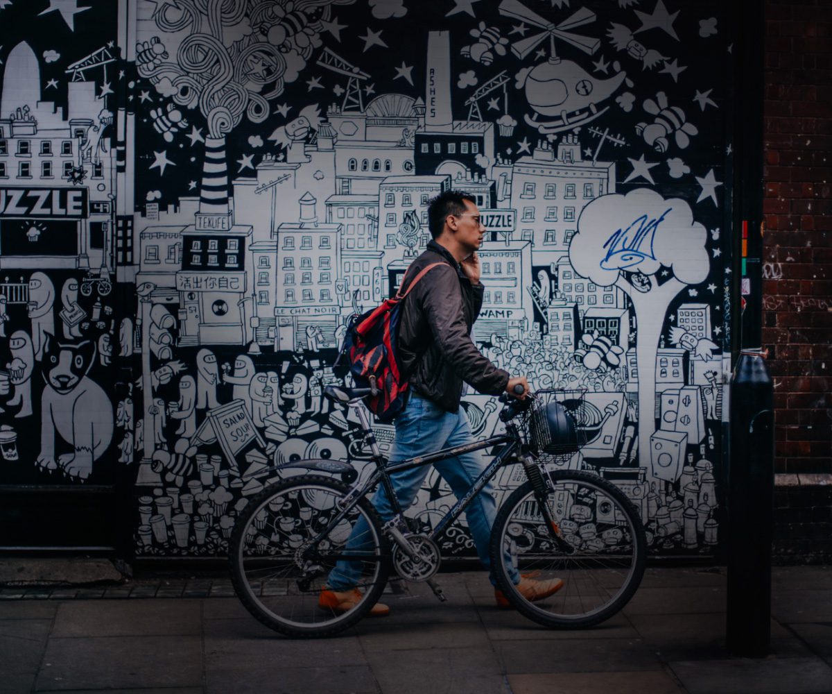 Pedestrian and mural.