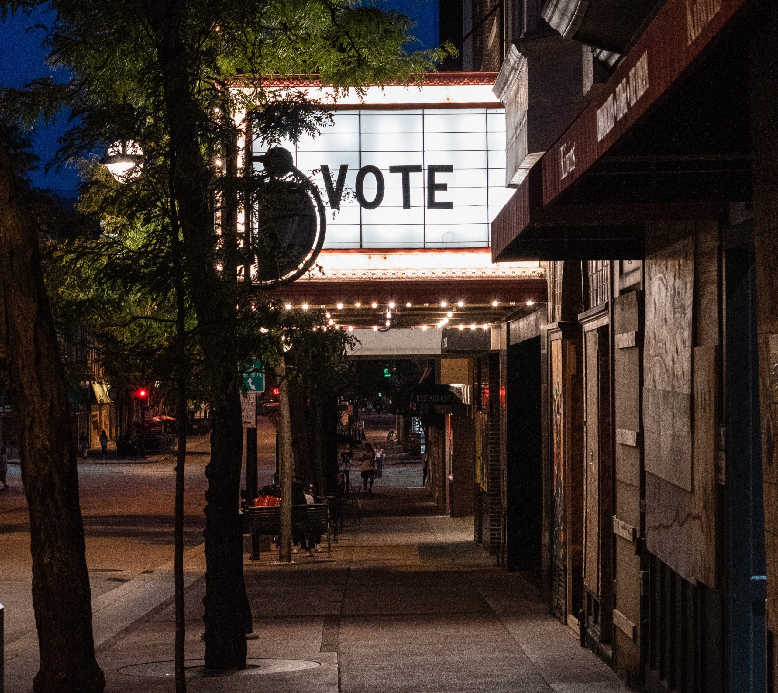 Theater marquee sign, Vote.