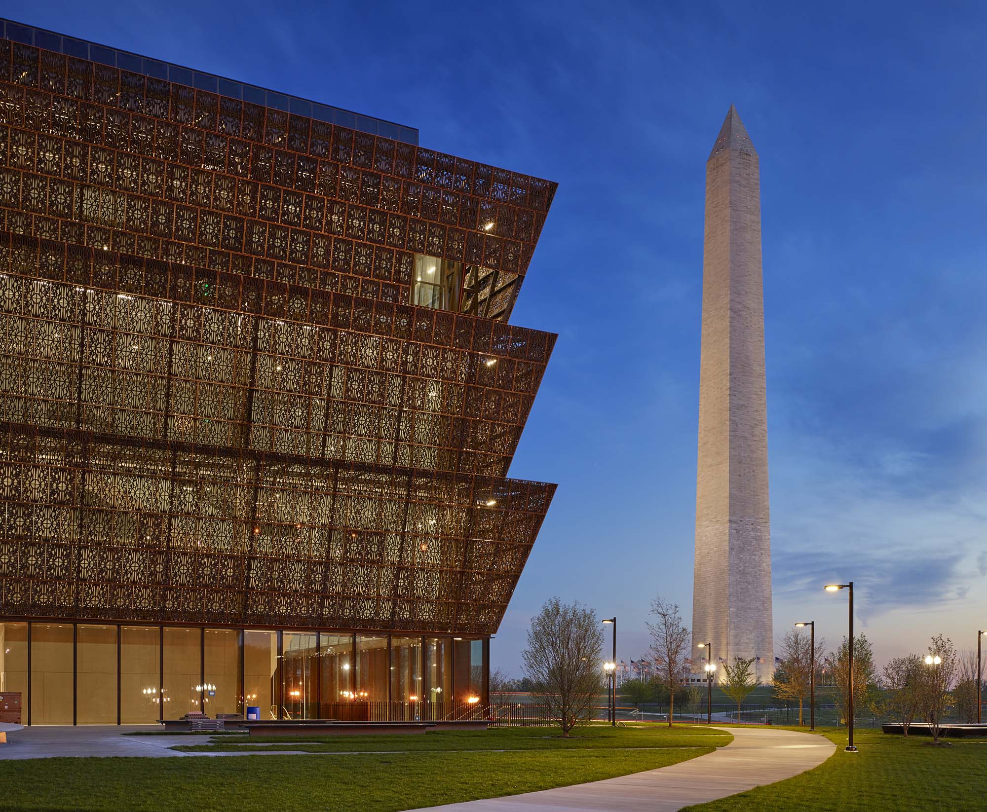 National Museum of African American History and Culture, with view of Washington Monument.