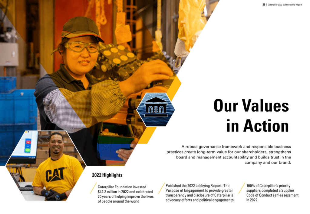 Caterpillar sustainability report page.