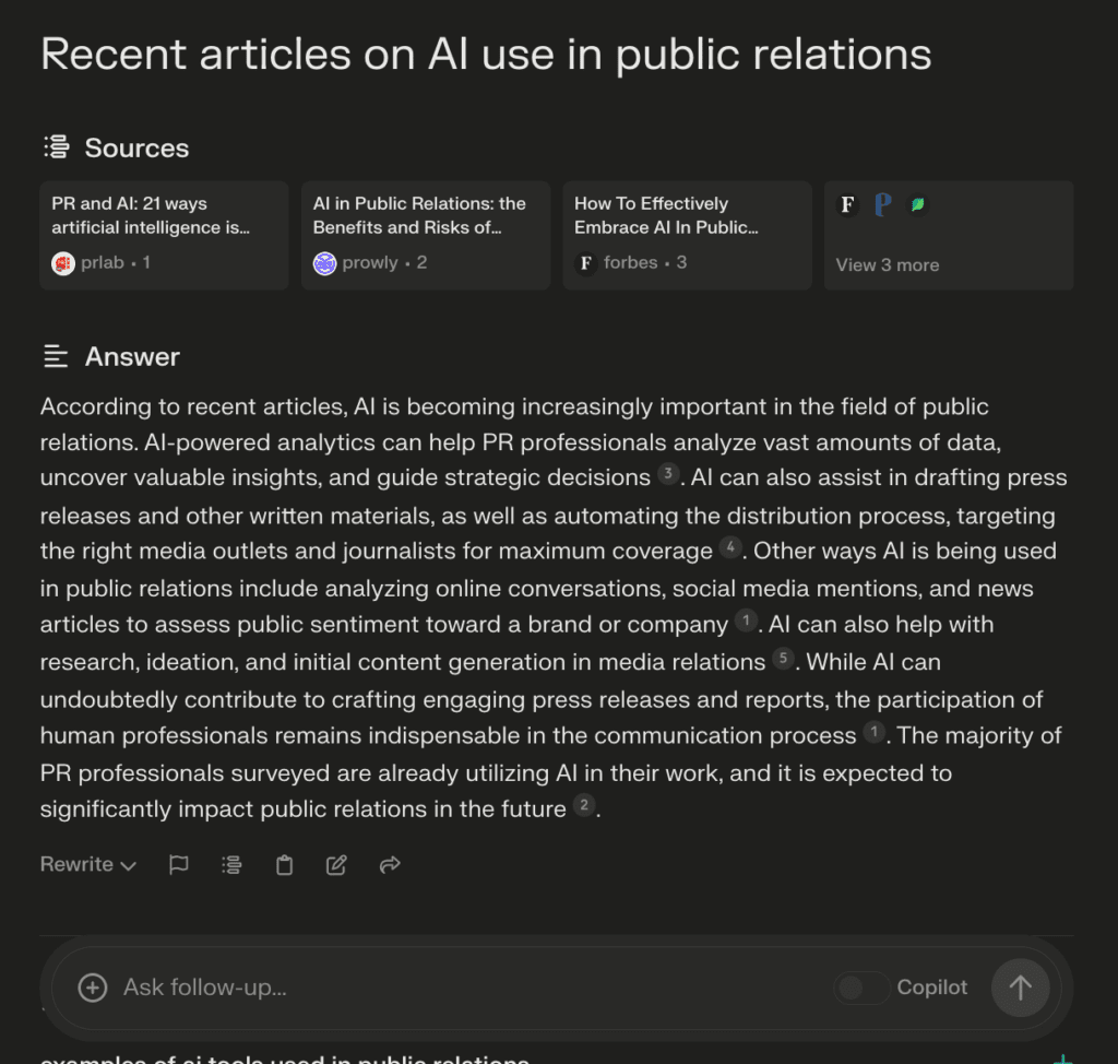 Perplexity search result shows carousel of sources above answer.