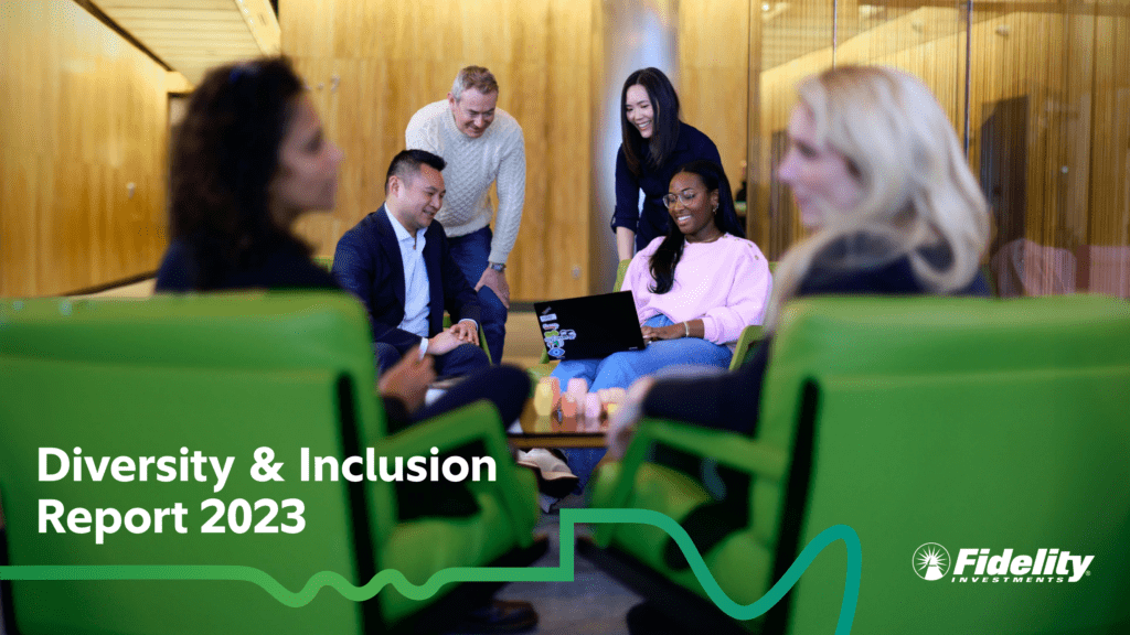 Group of six in an office lounge area.