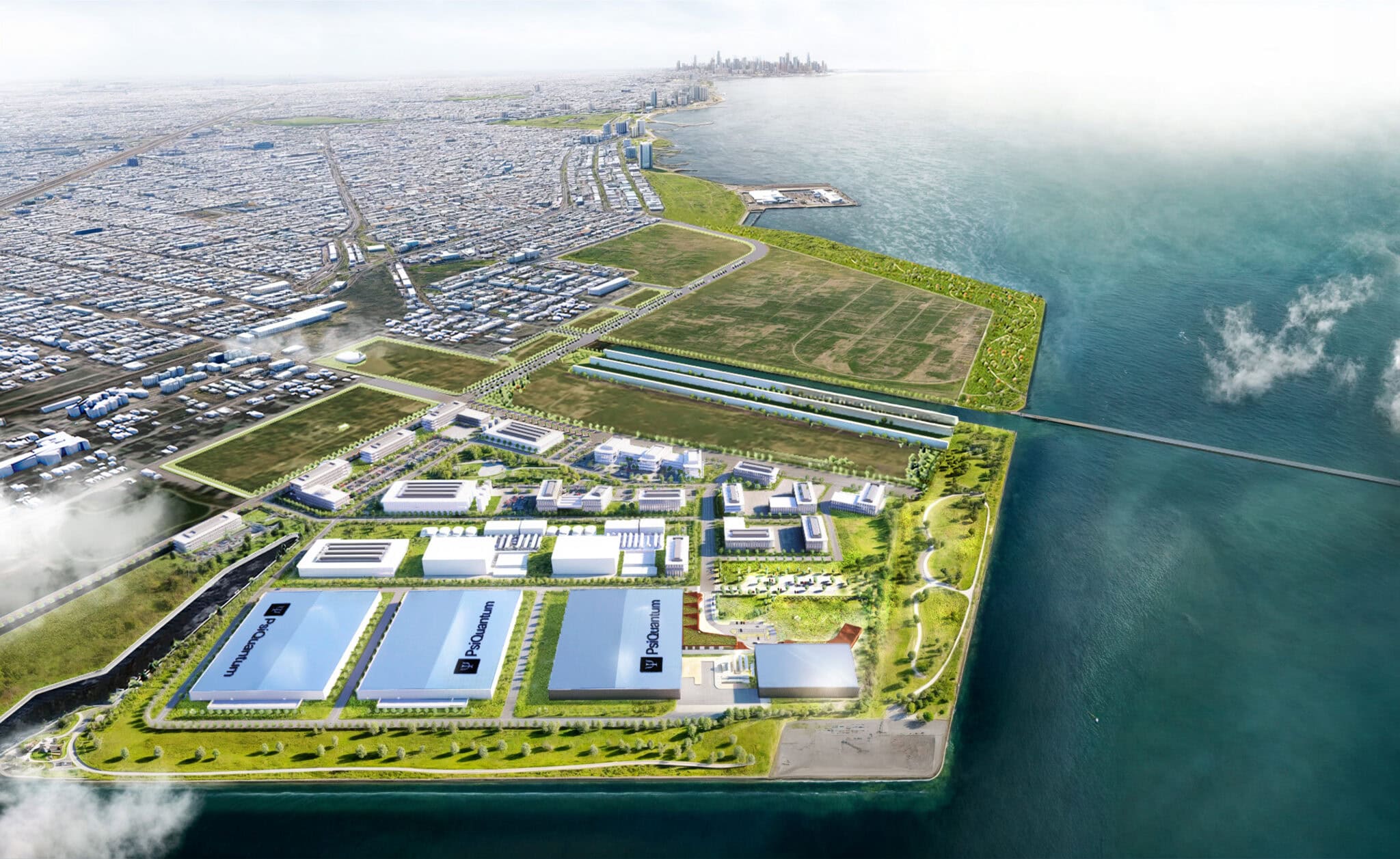 Aerial rendering of lakefront quantum park.