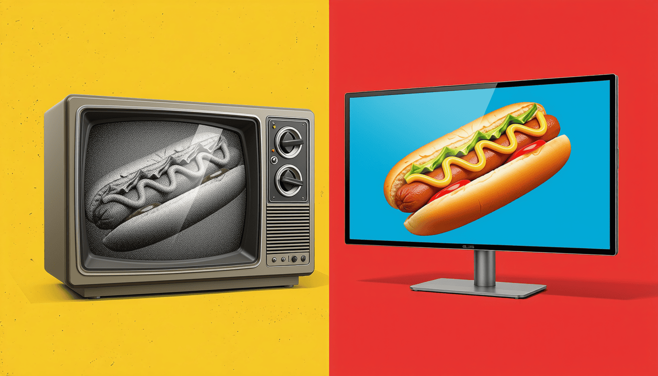 On the left, an old television showing a black and white image of a Chicago hot dog. On the right, the same red-hot image on a color monitor.