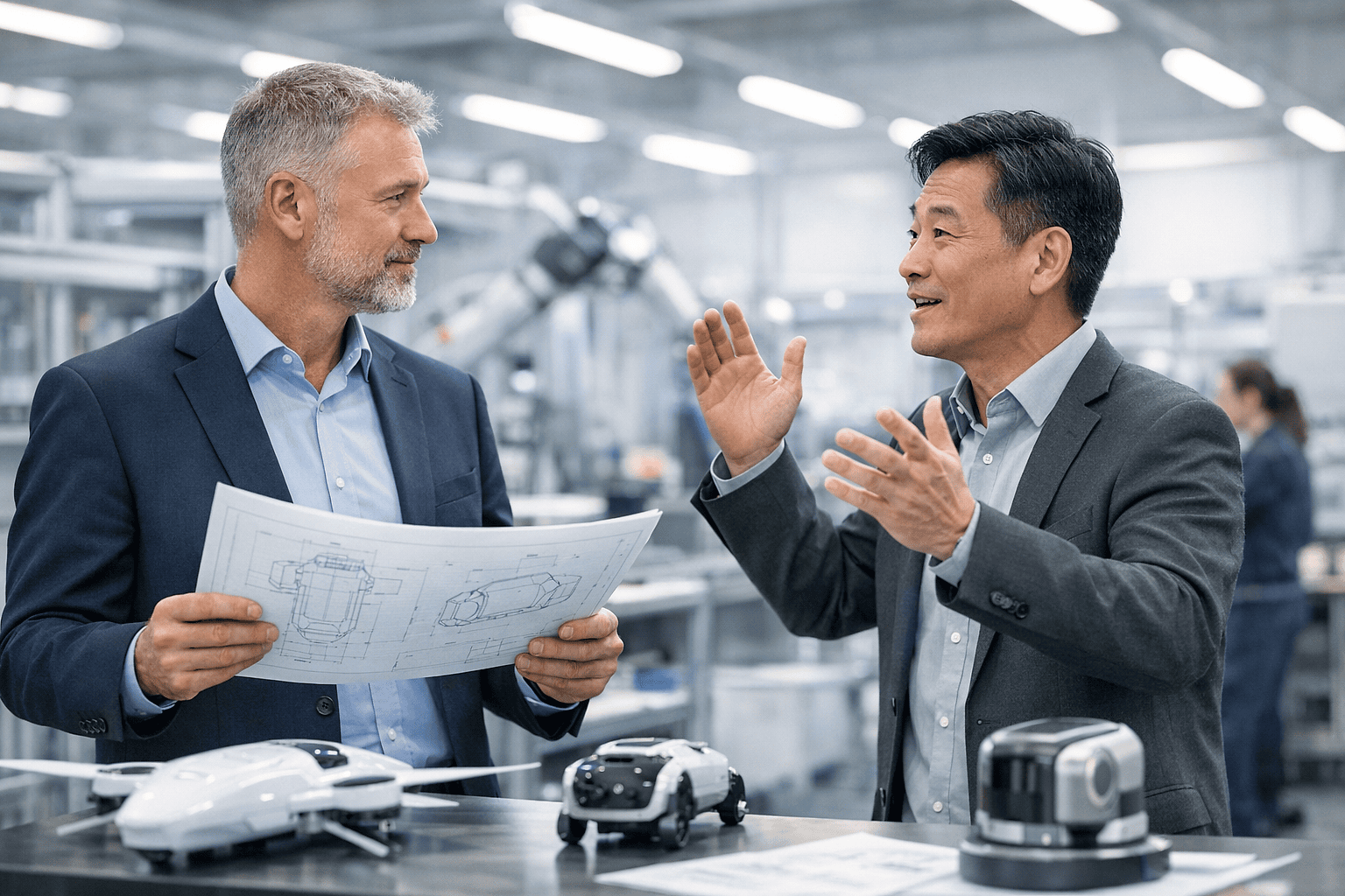 Two industry leaders in a modern factory, discussing product prototypes—one holding a blueprint, the other gesturing to emphasize vision over specs.