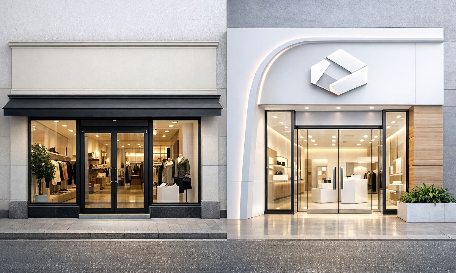 Two storefronts side by side: one with subtle updated signage, the other completely redesigned facade and logo installation.